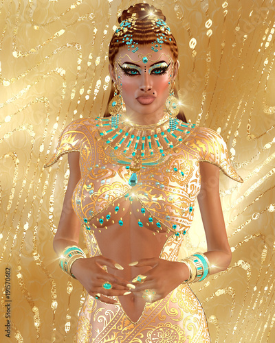 Egyptian woman, beads, beauty and gold in our digital art fantasy scene. Perfect for Egyptian, fantasy and diversity themed projects plus more