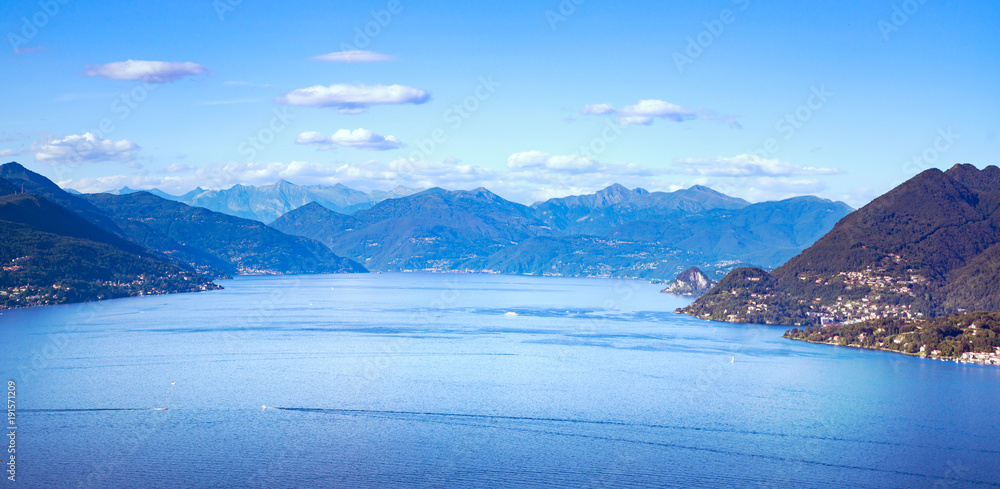 Maggiore lake panoramic view from Mottarone Stresa. Piedmont Italy
