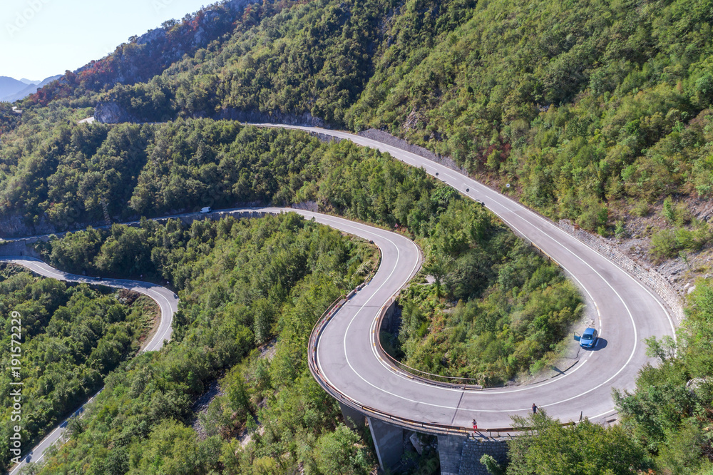 Aerial view on Road serpentine on the road from Petrovac to the Skadar Lake. Montenegro.