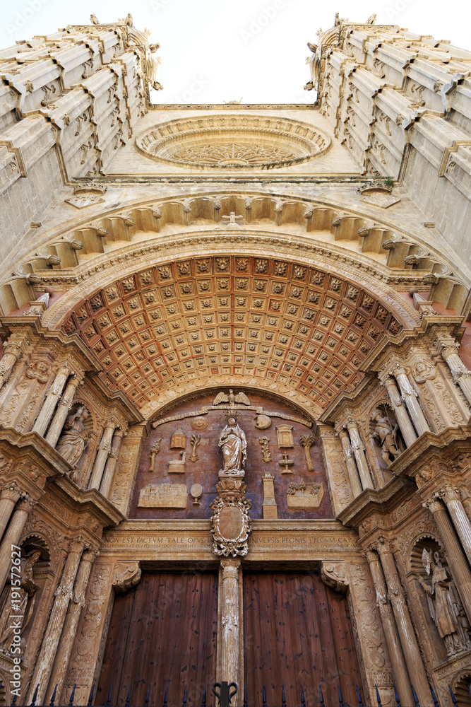 Europe, Spain, Balearic Islands, Mallorca. Palma.  The Cathedral of Santa Maria of Palma, referred to as La Seu. A Gothic Roman Catholic cathedral.