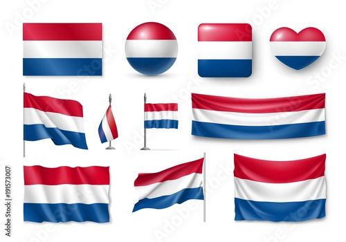 Set Netherland flags, banners, banners, symbols, flat icon. Vector illustration of collection of national symbols on various objects and state signs