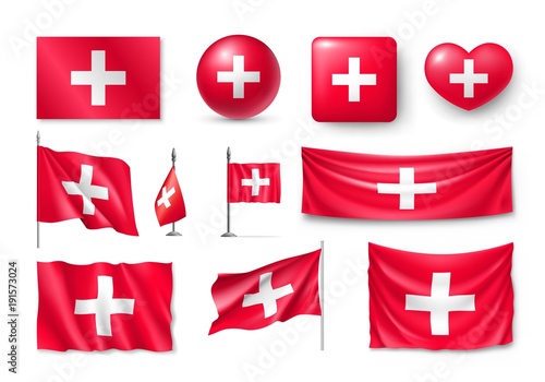 Set Switzerland flags, banners, banners, symbols, flat icon. Vector illustration of collection of national symbols on various objects and state signs