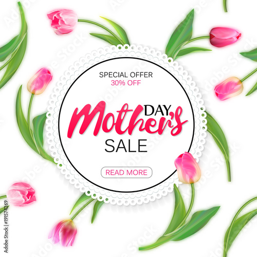 Mother's day sale offer banner template. Round frame with lettering on seamless tulips background. Mohters day sale tag. Shop market poster design. Vector illustration.