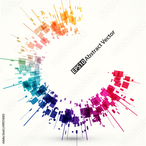 Abstract vector background element. Multicolored rectangle shapes arranged around center point.