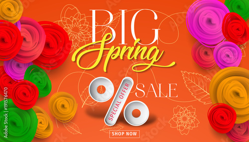 Big spring sale background with beautiful colorful flower. Vector illustration. Wallpaper. flyers, posters, brochure, voucher discount. Spring sale banner with paper flowers for online shopping.