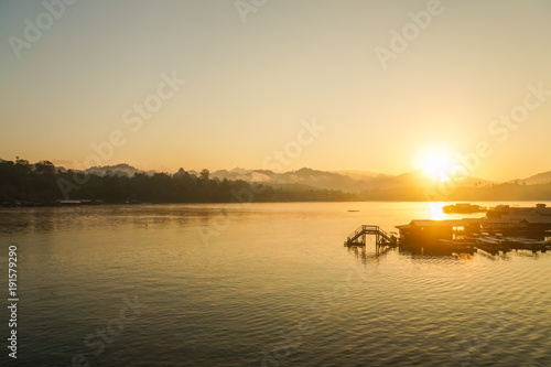 landscape of floating residence in sunrise in the morning Sangklaburi, Kanchaburi Thailand