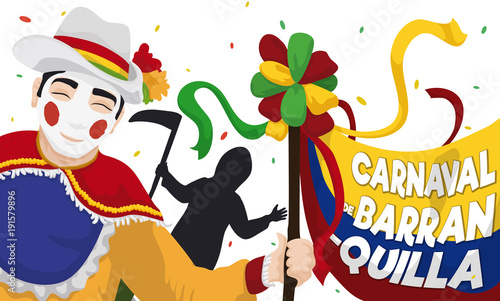 Happy Garabato Character with Death Silhouette Celebrating in Barranquilla's Carnival, Vector Illustration photo