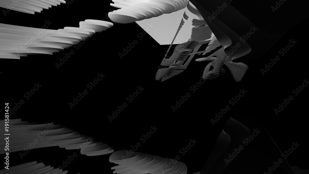 Abstract white and black parametric interior with window. 3D illustration and rendering. Abstract white and black parametric interior with window. 3D illustration and rendering.
