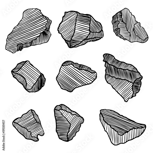 Rock stone set. Black and white stones and rocks in hand drawn hatching, wood carve style. Set of different boulders. Vector.
