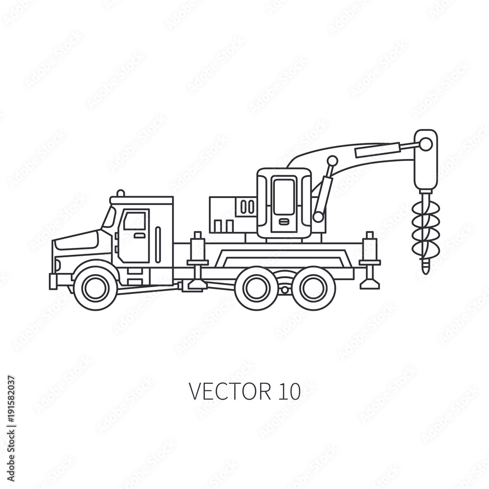 Line flat vector icon construction machinery truck boer, well. Industrial style. Corporate cargo delivery. Commercial transportation. Building. Business. Engineering. Diesel. Illustration for design.