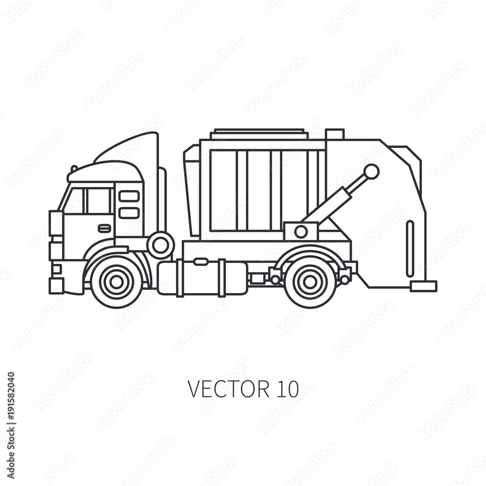Line flat vector icon construction machinery garbage truck tipper. Industrial style. Corporate cargo delivery. Commercial transportation. Dump recycling. Business. Diesel power. Illustration design.