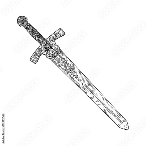 Medieval cold weapon. Warrior weapons sword. Hand drawn antique engraving weapon illustration. Vector.