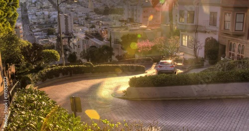 San Francisco Sunrise at Famous Lombard Street. Spectacular Golden Colors.
