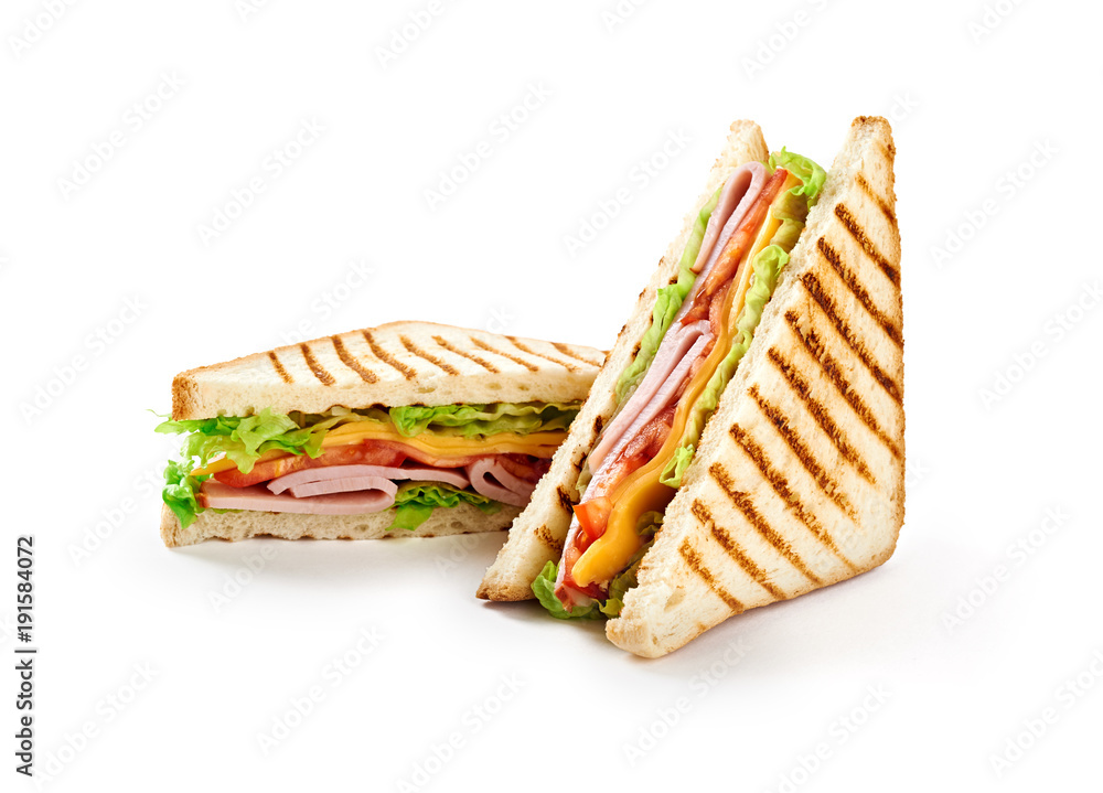 Sandwich with ham, cheese, tomatoes, lettuce, and toasted bread. Front view isolated on white background. - obrazy, fototapety, plakaty 
