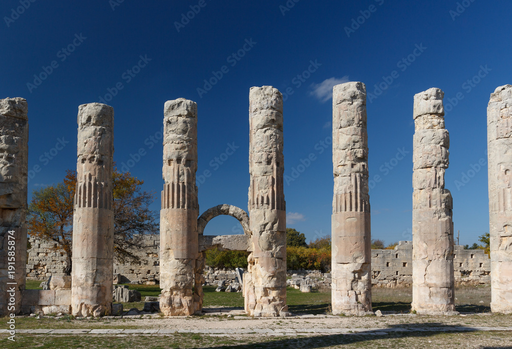 Ruins of the ancient town Diokaisareia in Uzuncaburc village, Turkey