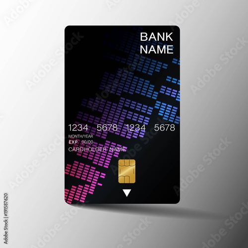 Realistic detailed credit cards. With inspiration from geometric purple and black color vertical on the gray background. Glossy plastic style. Vector illustration design EPS10
