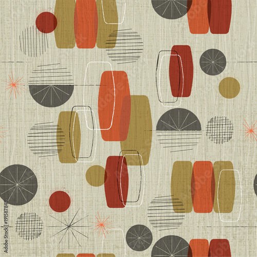 Retro linen textured weave with vintage shapes and stars inspired by mid-century modern fabrics. photo