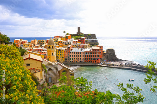 Vernazza Village, Cinque Terre, Italy. Beautiful Sunny Day. HDR Toning