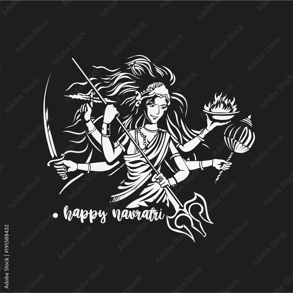 Fototapeta premium Goddess durgadevi black and white hand sketch illustration