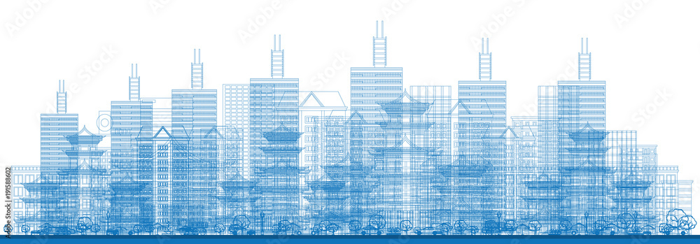 Outline City Skyscrapers in Blue Color. Vector Illustration.