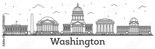 Outline Washington DC USA City Skyline with Modern Buildings Isolated on White.