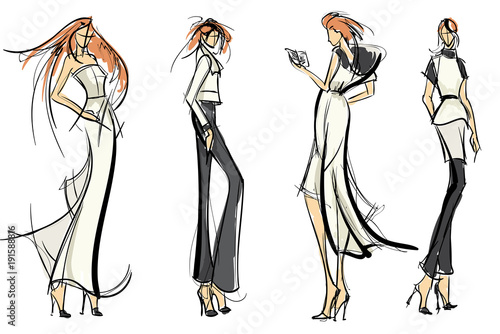 Stylish fashion models. Pretty young girls. Fashion girls Sketch