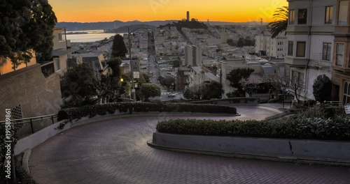 San Francisco Sunrise at Famous Lombard Street. Spectacular Golden Colors.