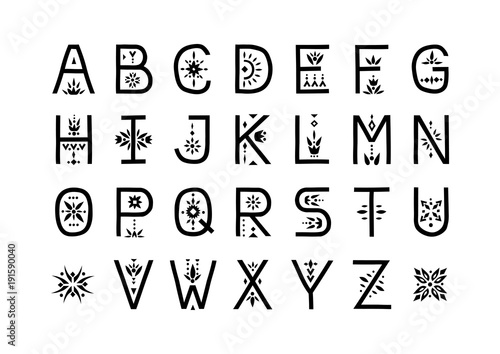 Vector display alphabet. Capital letters decorated with flowal patterns.