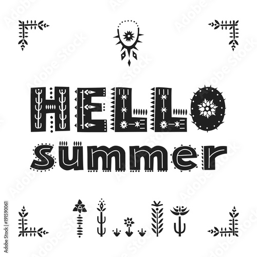 Vector graphic poster with lettering "Hello summer" made of patterned letters.