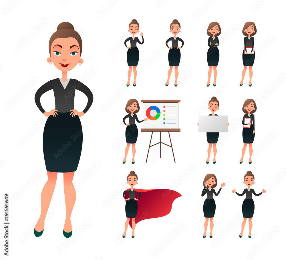 Obraz premium Pretty businesswoman working character set. Sucessful entrepreneur lady in office work situations. Confident young manager in the workplace