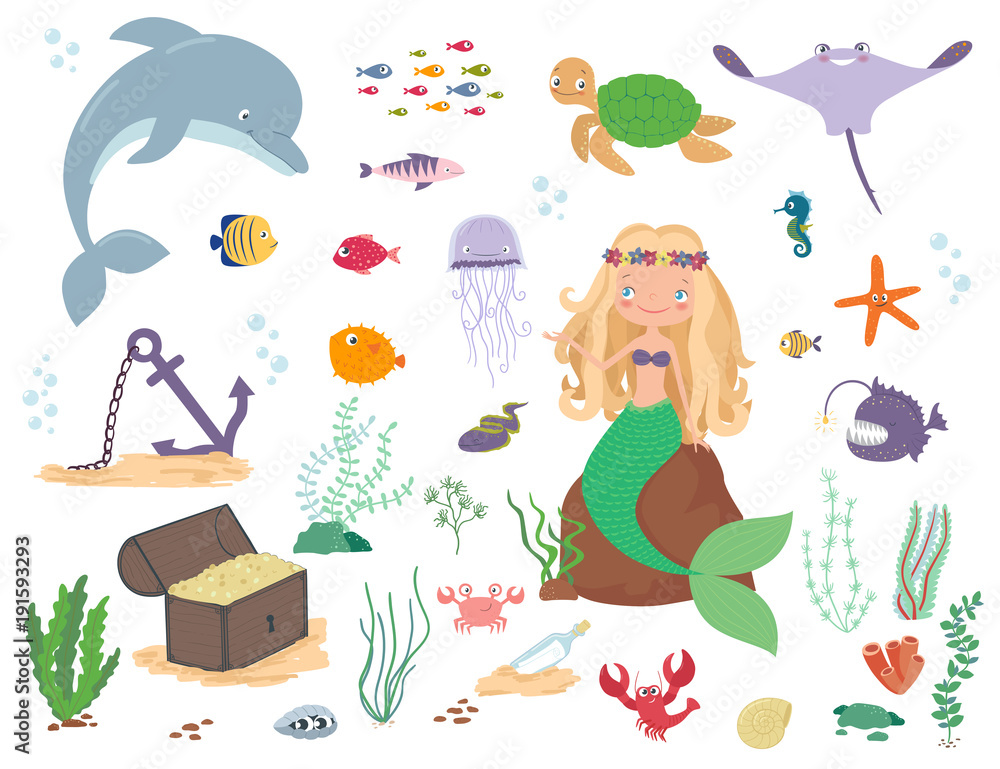 Fototapeta premium Mermaid, sea animals and seaweed. Cartoon vector illustration