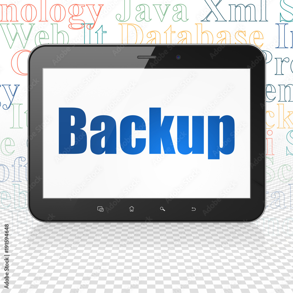 Database concept: Tablet Computer with blue text Backup on display, Tag Cloud background, 3D rendering Database concept: Tablet Computer with blue text Backup on display, Tag Cloud background, 3D rendering