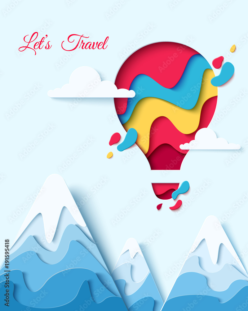 Lets Travel paper art concept of hot air balloon in sky with clouds over  mountains. Vector travel origami paper cut banner Stock Vector | Adobe Stock