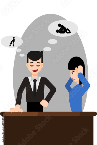 Flat character design illustration, woman close her ear to avoid verbal harassment by co-worker