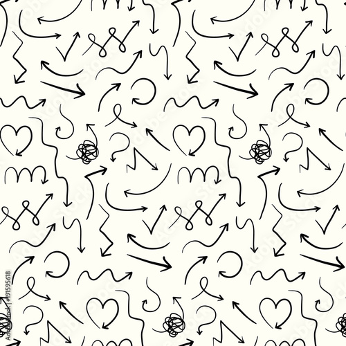 Simple pattern with cute doodle hand drawn arrows. Sketch symbols texture for textile, wrapping paper, wallpaper, background design, surface, cover