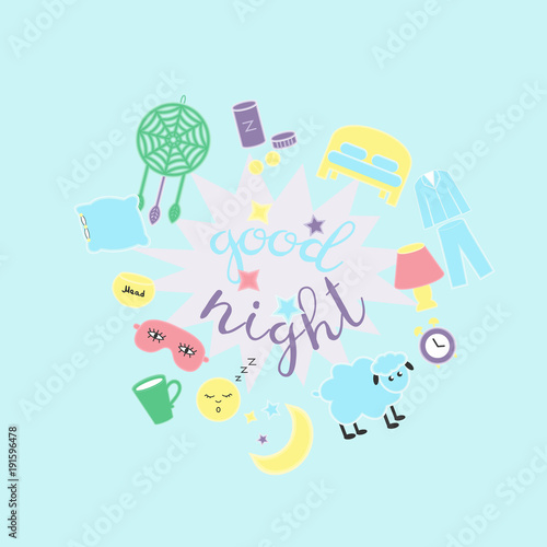 Poster with funny sheep, stars, moon, alarm clock, sleep mask, pillow, hypnotic, dreamcatcher, bed, pajamas and inscription "Good Night".  Art design for web, site, advertising, banner, poster, flyer,