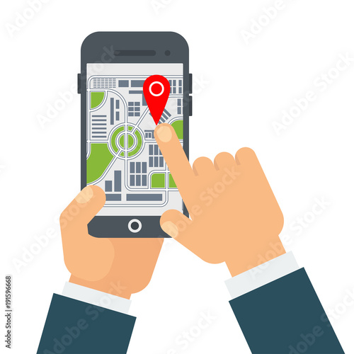 Gps navigation with smartphone. businessman is guided by the map in the mobile application. Flat vector cartoon illustration. Objects isolated on white background.