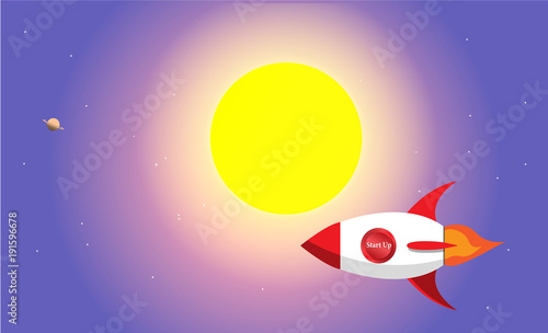Rocket at full moon background, Business startup concept. Cosmos view. planets and stars. 