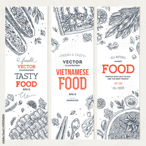 Vietnamese food banner collection. Linear graphic. Vector illustration