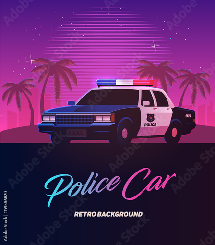 80s retro neon gradient background. Vintage police car. Palms and city. Tv glitch effect. Sci-fi beach.