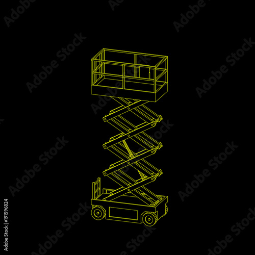 Scissors lift platform. Isolated on black background. Vector outline illustration. Dimetric projection.