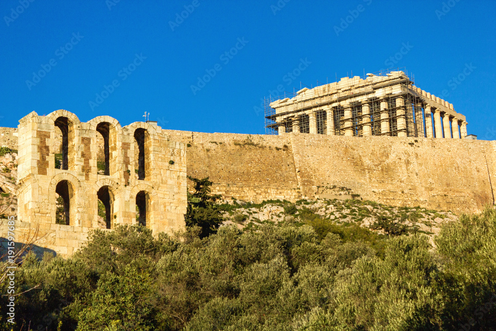 View of Parthenon temple on the Athenian Acropolis, Greece. View of Parthenon temple on the Athenian Acropolis, Greece.