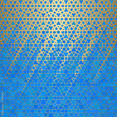 Abstract background with islamic ornament, arabic geometric texture. Golden lined tiled motif.