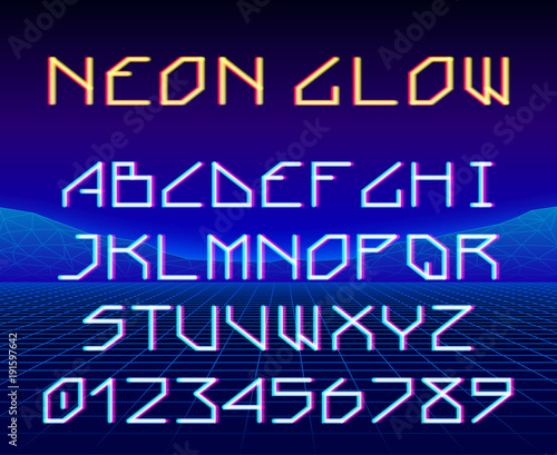 Neon glowing retro game laser font or a typeset with letters and digits