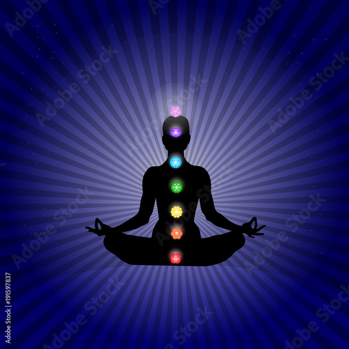 Famale body in yoga asana with seven chakras in shining neon colors in rays dark blue stars space background. Vector illustration eps10