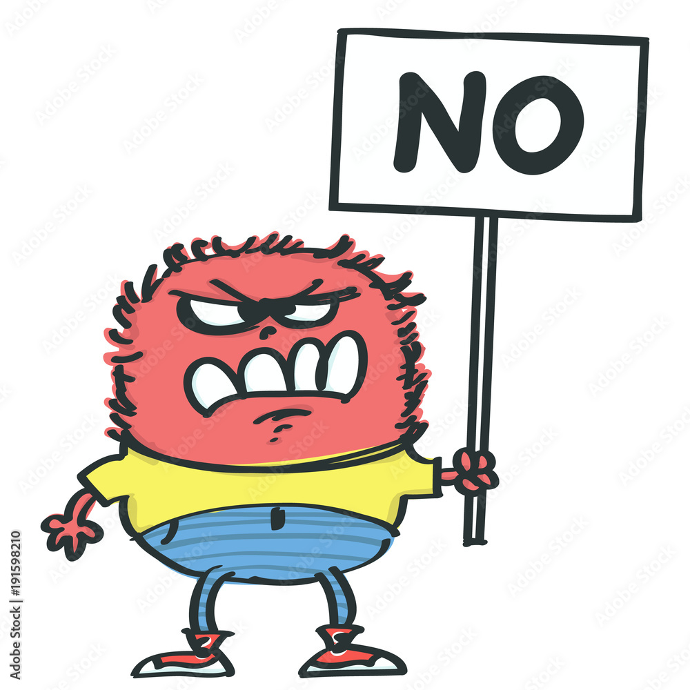 Fototapeta Fluffy and funny pink monster holding a protest placard, isolated vector cartoon