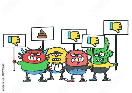 Group of four funny monsters with dislike protest placards, isolated vector cartoon of internet haters concept