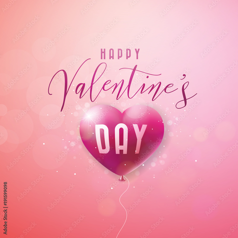 Naklejka Happy Valentines Day Design z czerwonym balonem serca i list typografii na różowym tle. Wektor wesele i miłość ilustracja tematu dla karty z pozdrowieniami, zaproszenie na przyjęcie lub baner promocyjny.