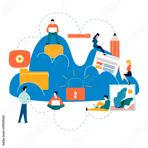 Cloud computing services and technology, data storage flat vector illustration. Network data storage design for mobile and web graphics