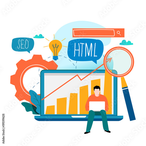 SEO, search engine optimization, keyword research, market research flat vector illustration. SEO concept. Web site coding, internet search optimization design for mobile and web graphics